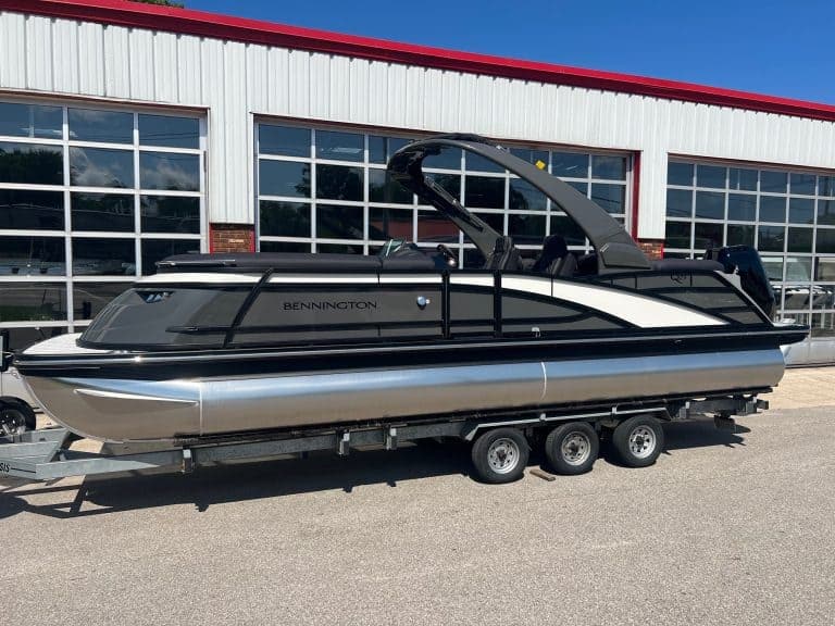 Bennington 25 QFBA pontoon boat for sale at Hall's Sport Center, perfect for family outings and wate.