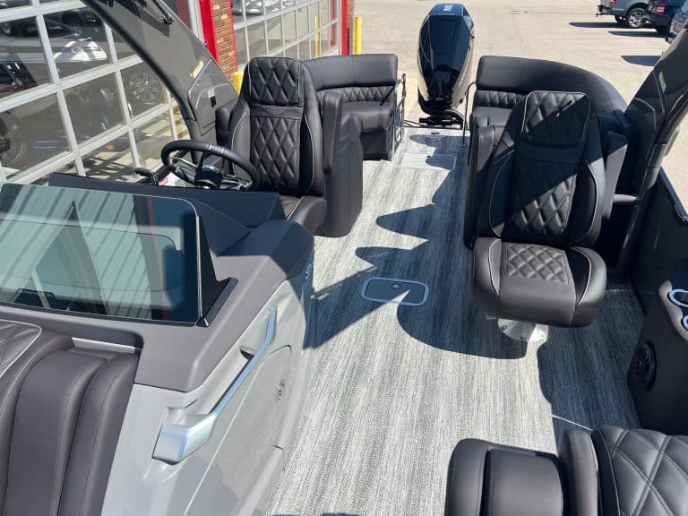 Bennington 25 QFBA pontoon boat interior at Hall's Sport Center.