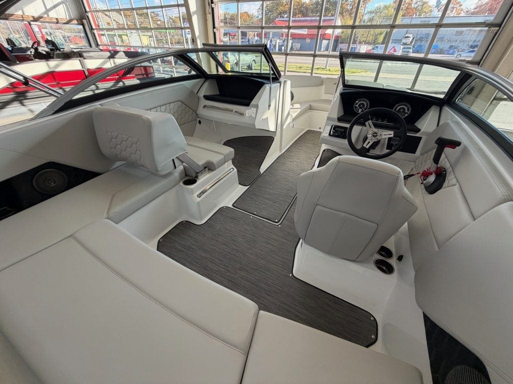 Luxury boat helm station with modern controls.