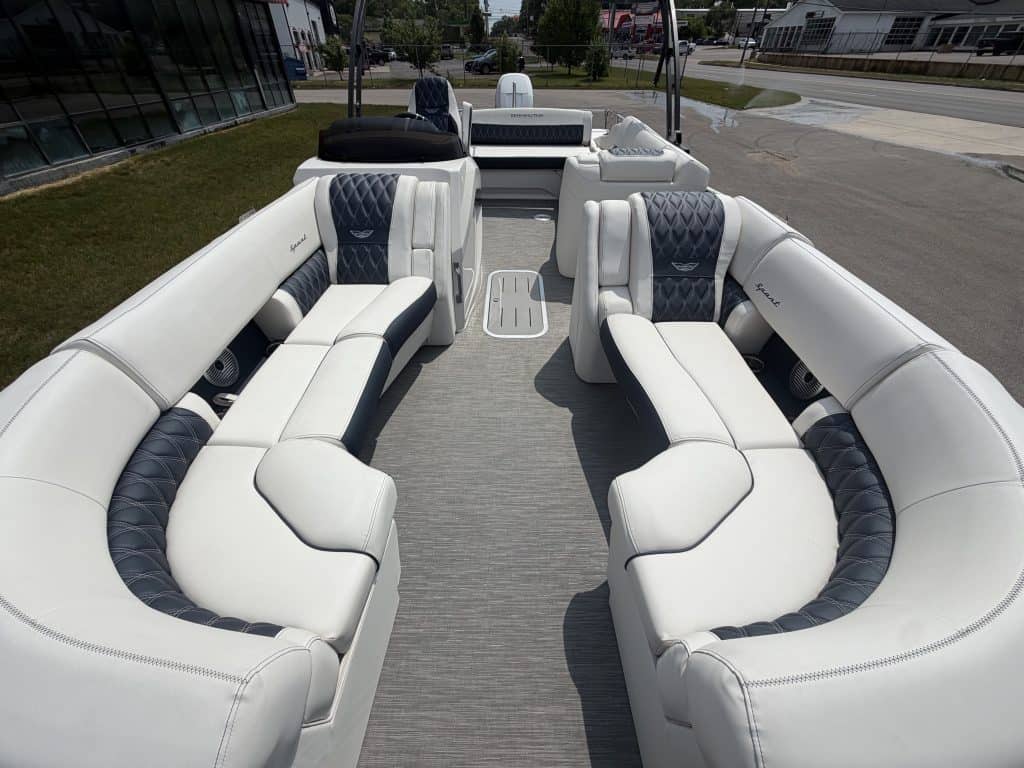 Pontoon boat with spacious seating and modern design for water fun and relaxation.