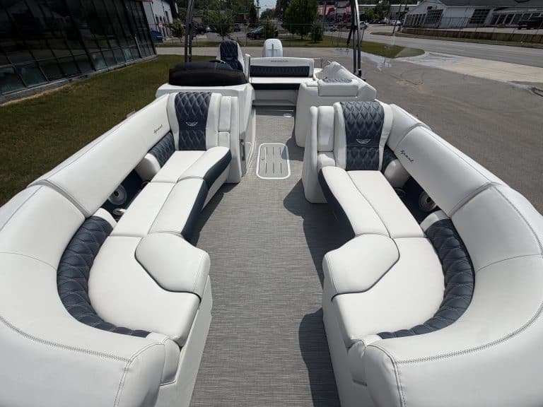 Pontoon boat with spacious seating and modern design for water fun and relaxation.