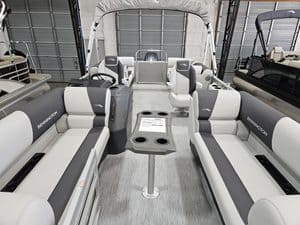 Bennington 22 SSR pontoon boat with spacious seating and modern design.