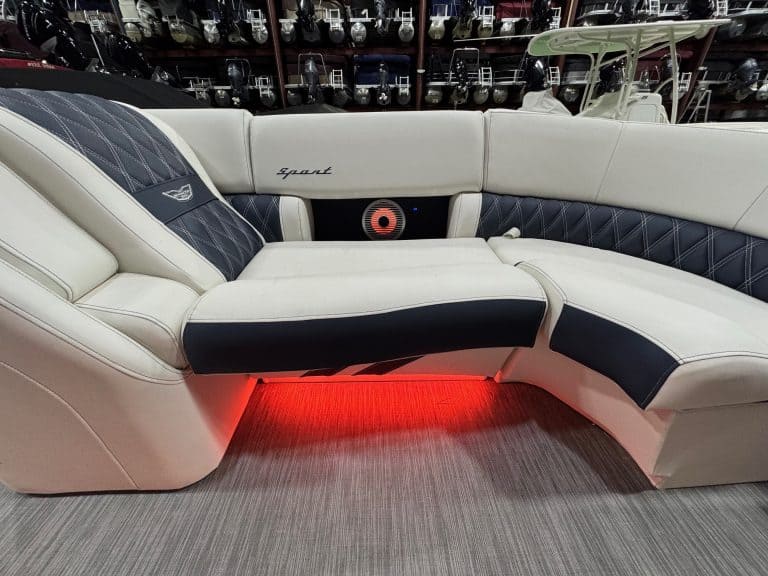 Modern Bennington 23 RXSB pontoon boat with luxurious seating at Hall's Sport Center.