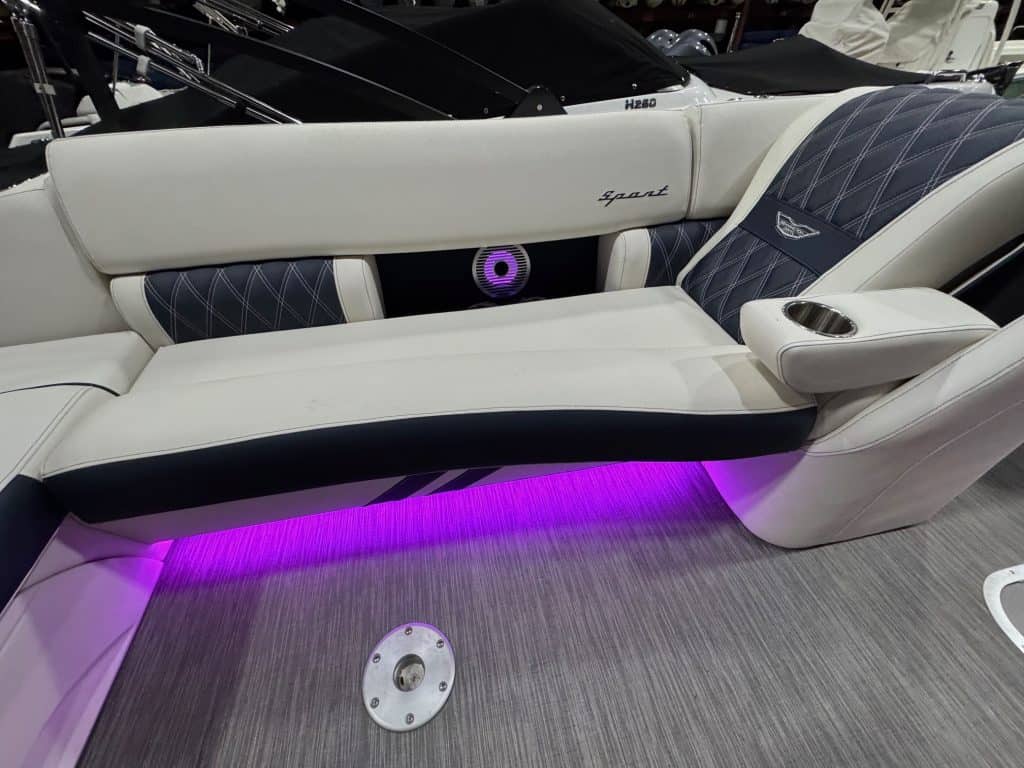 Bennington 23 RXSB luxury pontoon boat with LED lighting at Hall's Sport Center.
