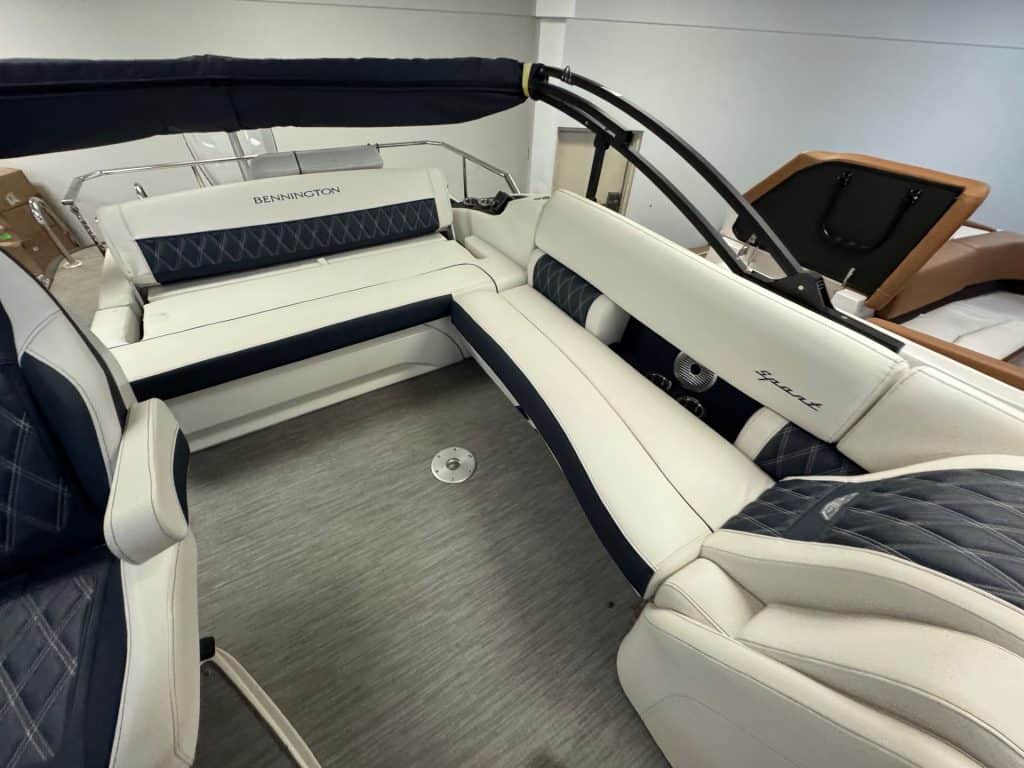 Bennington 23 RXSB pontoon boat at Hall's Sport Center showroom.