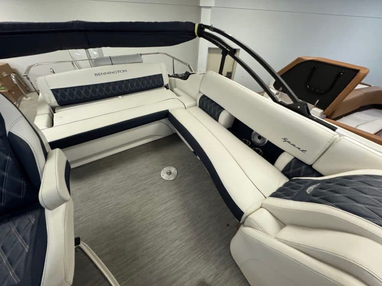 Bennington 23 RXSB pontoon boat at Hall's Sport Center showroom.