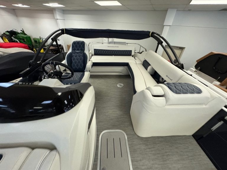 View of the 2022 Bennington 23 RXSB pontoon boat at Hall's Sport Center showroom.