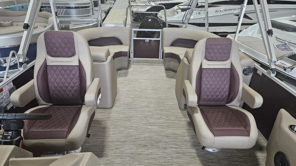 Spacious Bennington 23 LSR pontoon boat interior with comfortable seating.
