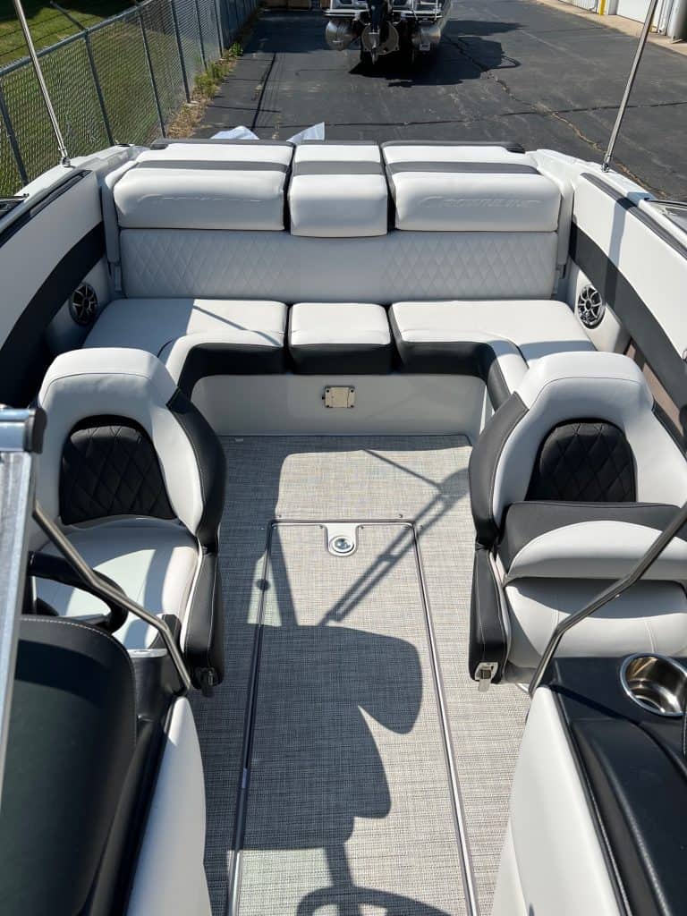 Luxury boat interior with comfortable seating and modern design.