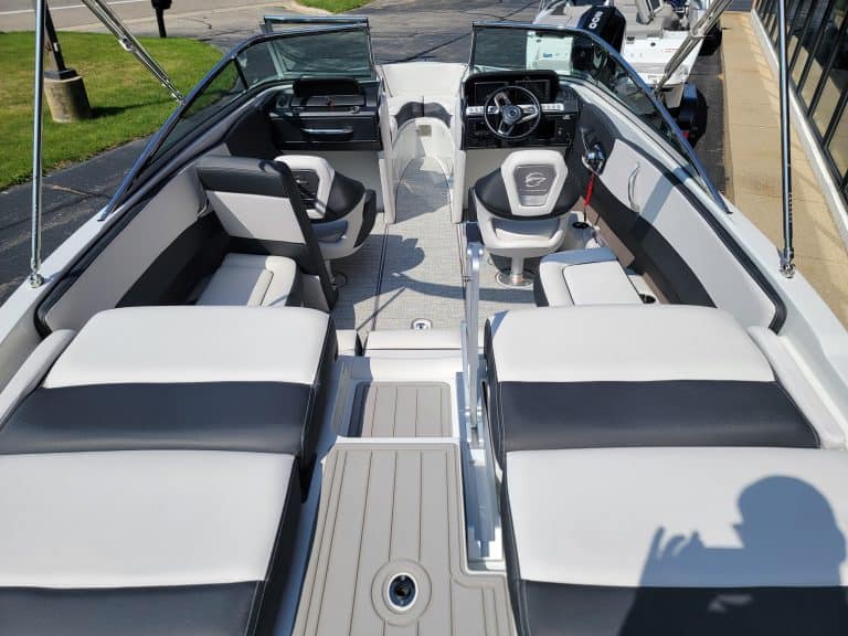 Interior view of the 2024 Crownline 240 SS boat at Hall's Sport Center.