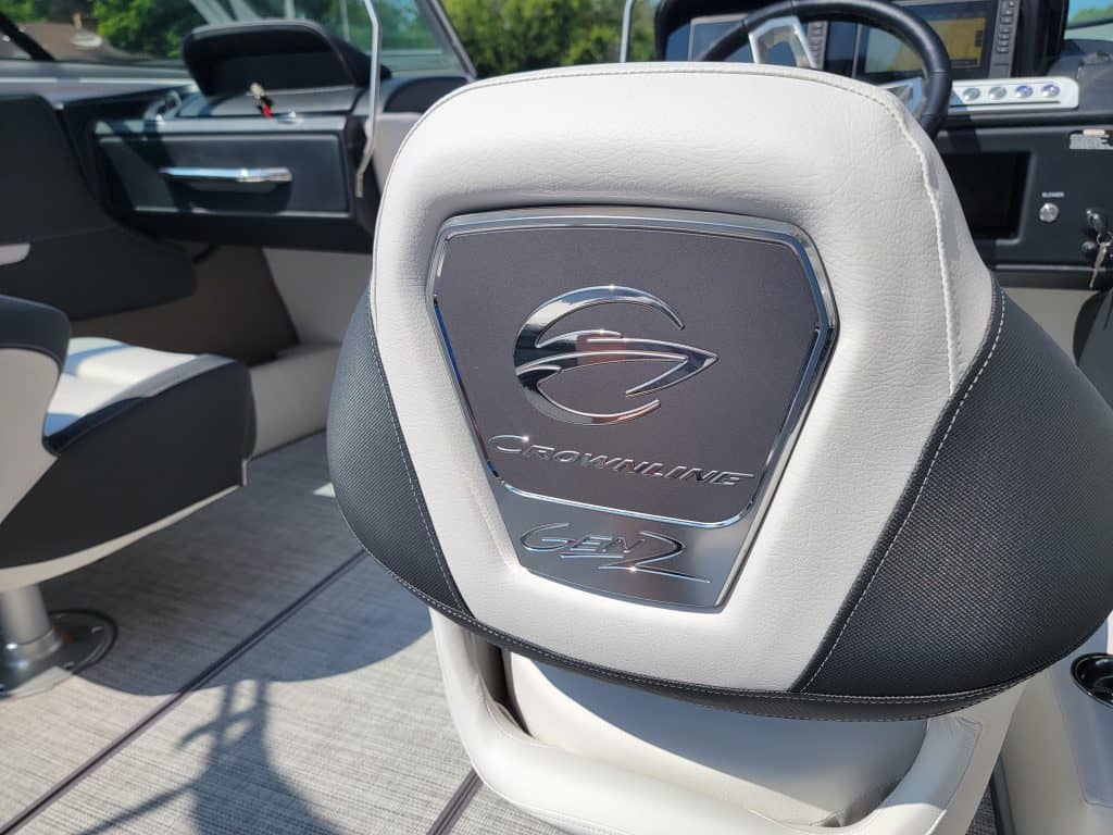 Interior view of the 2024 Crownline 240 SS boat at Hall's Sport Center.