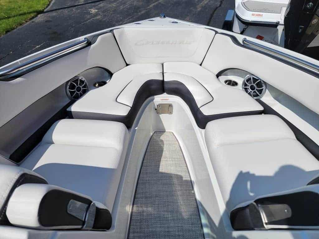 Interior view of the 2024 Crownline 240 SS boat at Hall's Sport Center.