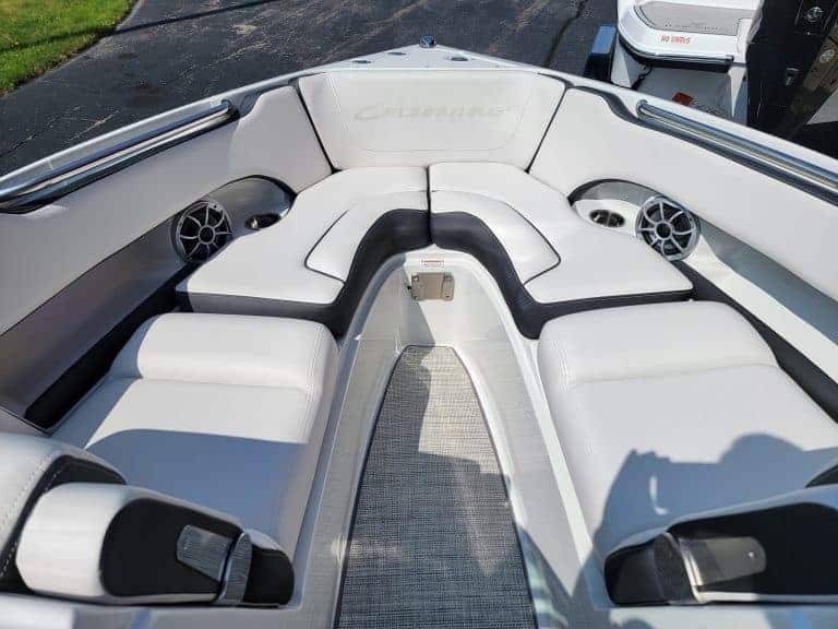 Interior view of the 2024 Crownline 240 SS boat at Hall's Sport Center.