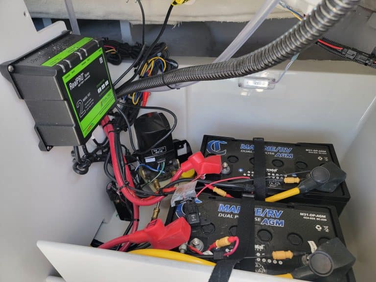 Battery and electrical system setup at Hall's Sport Center for 2024 Crownline 240 SS.