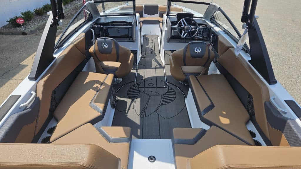 Scarab 235 ID boat interior with seating and steering console.