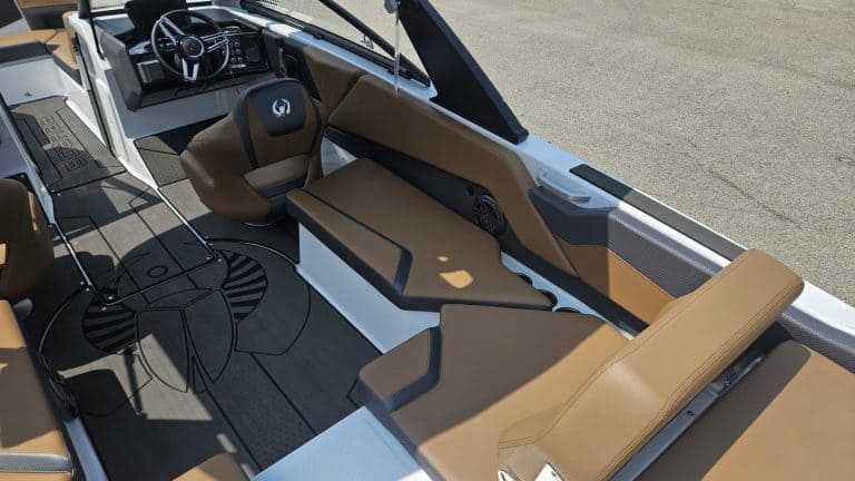 Interior view of the 2024 Scarab 235 ID boat at Hall's Sport Center.
