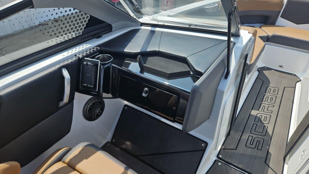 Scarab 235 ID boat dashboard with modern controls and sleek design.