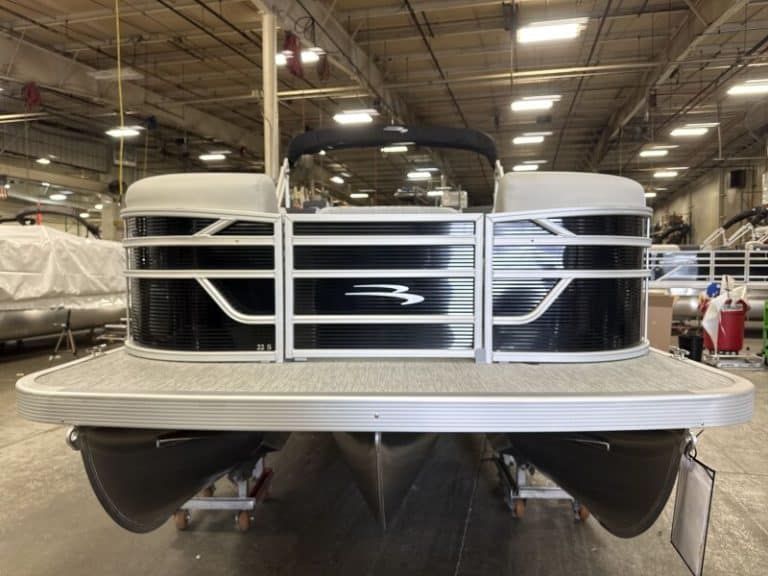 New Bennington 22 SSR pontoon boat displayed at Hall's Sport Center showroom.