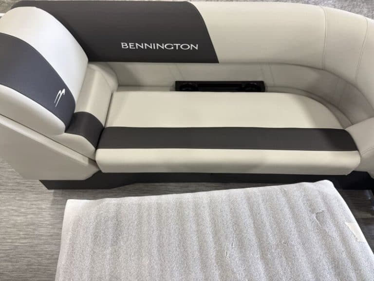 Modern Bennington 2026 SSR pontoon boat displayed at Hall's Sport Center.