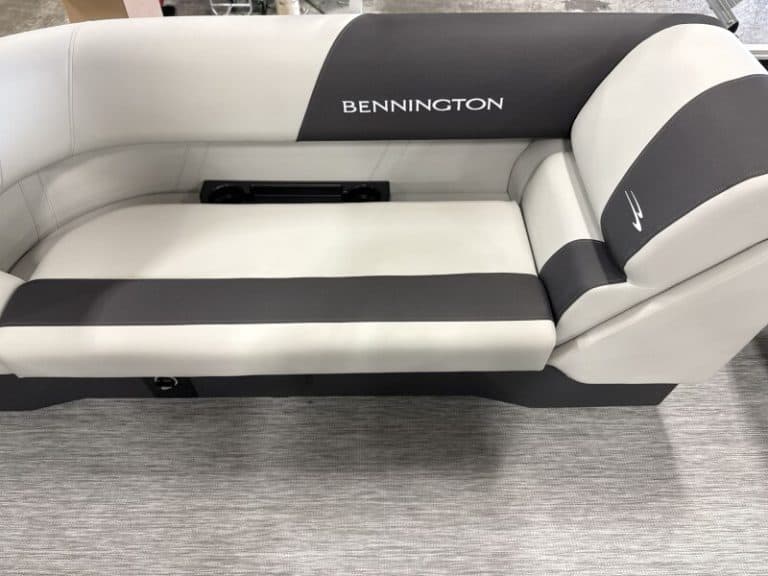 Bennington 2026 SSR pontoon boat with white and black upholstery at Hall's Sport Center.