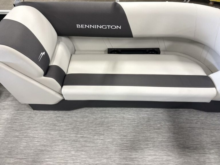 Modern Bennington 22 SSR pontoon boat displayed at Hall's Sport Center.