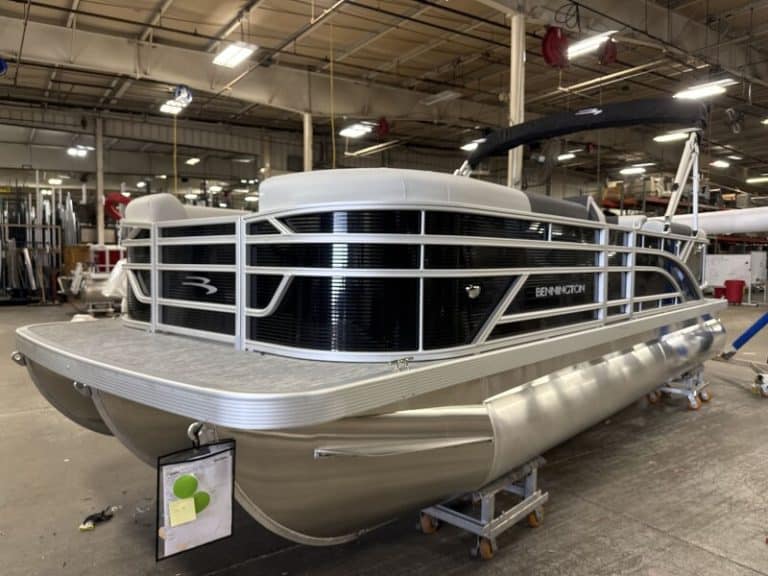 New Bennington 22 SSR pontoon boat displayed at Hall's Sport Center showroom.