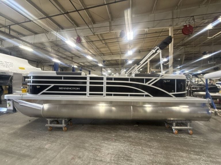 Bennington 22 SSR pontoon boat at Hall's Sport Center showroom.