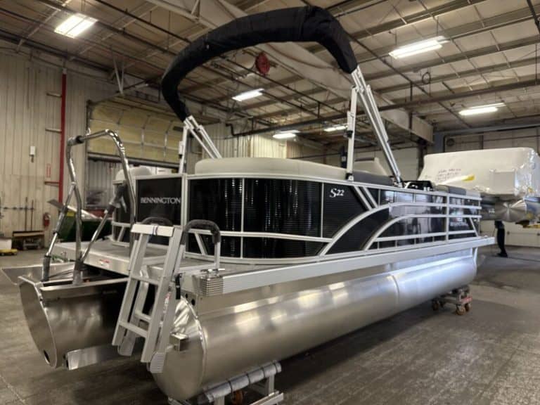 Bennington 22 SSR pontoon boat at Hall's Sport Center showroom.