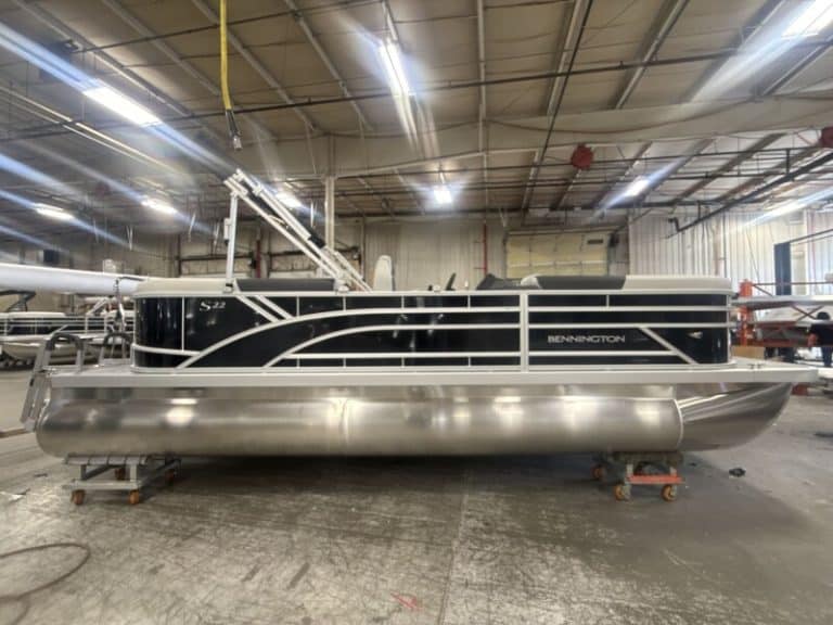 Bennington 22 SSR pontoon boat at Hall's Sport Center showroom.