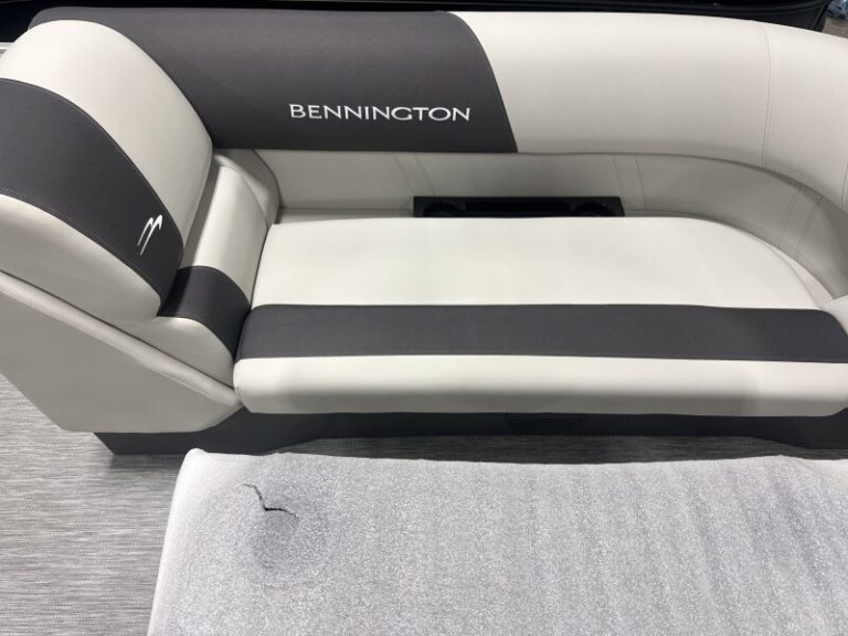 Modern Bennington 22 SSR pontoon boat displayed at Hall's Sport Center.