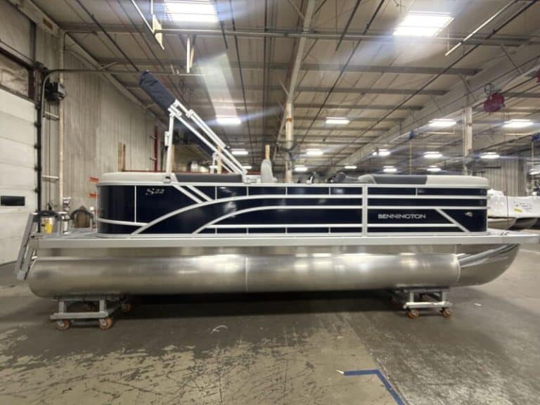 Bennington 22 SSR pontoon boat displayed at Hall's Sport Center showroom.