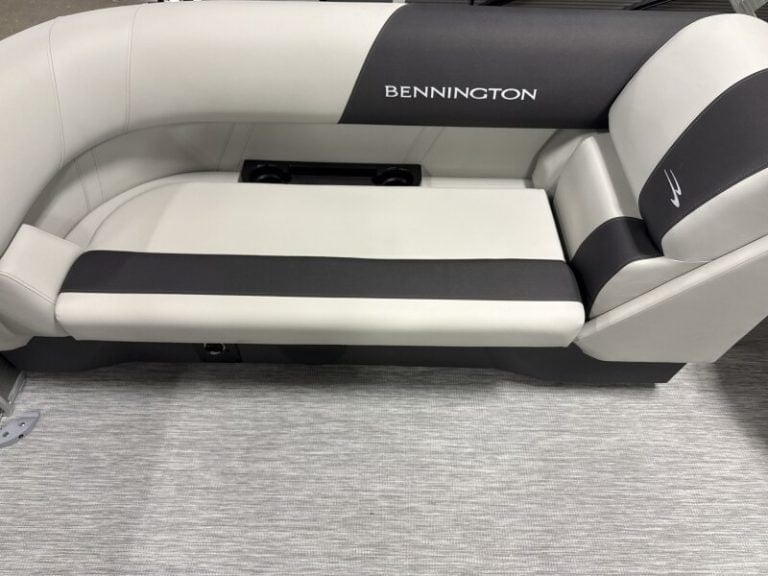 Modern Bennington 22 SSR pontoon boat displayed at Hall's Sport Center.