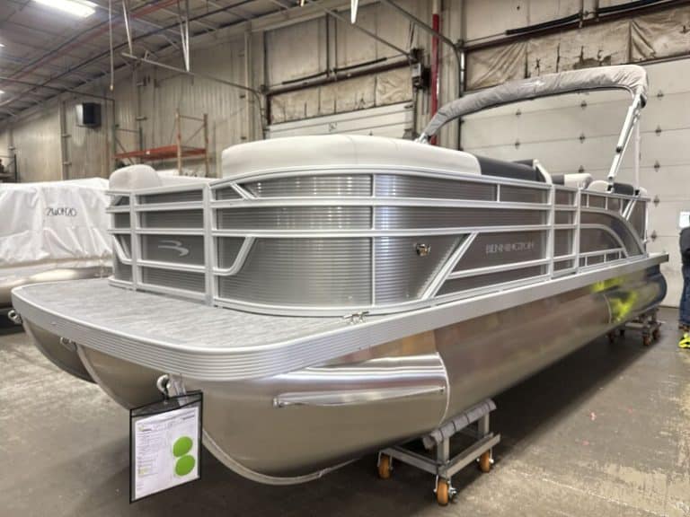 Bennington 22 SSR pontoon boat at Hall's Sport Center showroom.