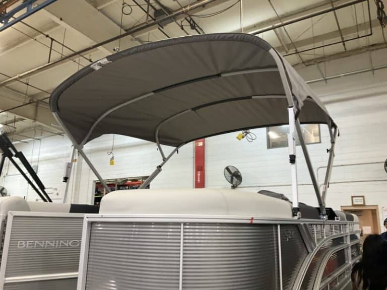 Bennington 22 SSR pontoon boat displayed at Hall's Sport Center showroom.