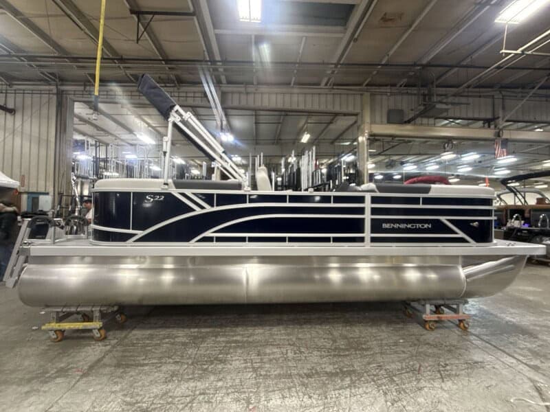 Bennington 22 SSR pontoon boat displayed at Hall's Sport Center showroom.