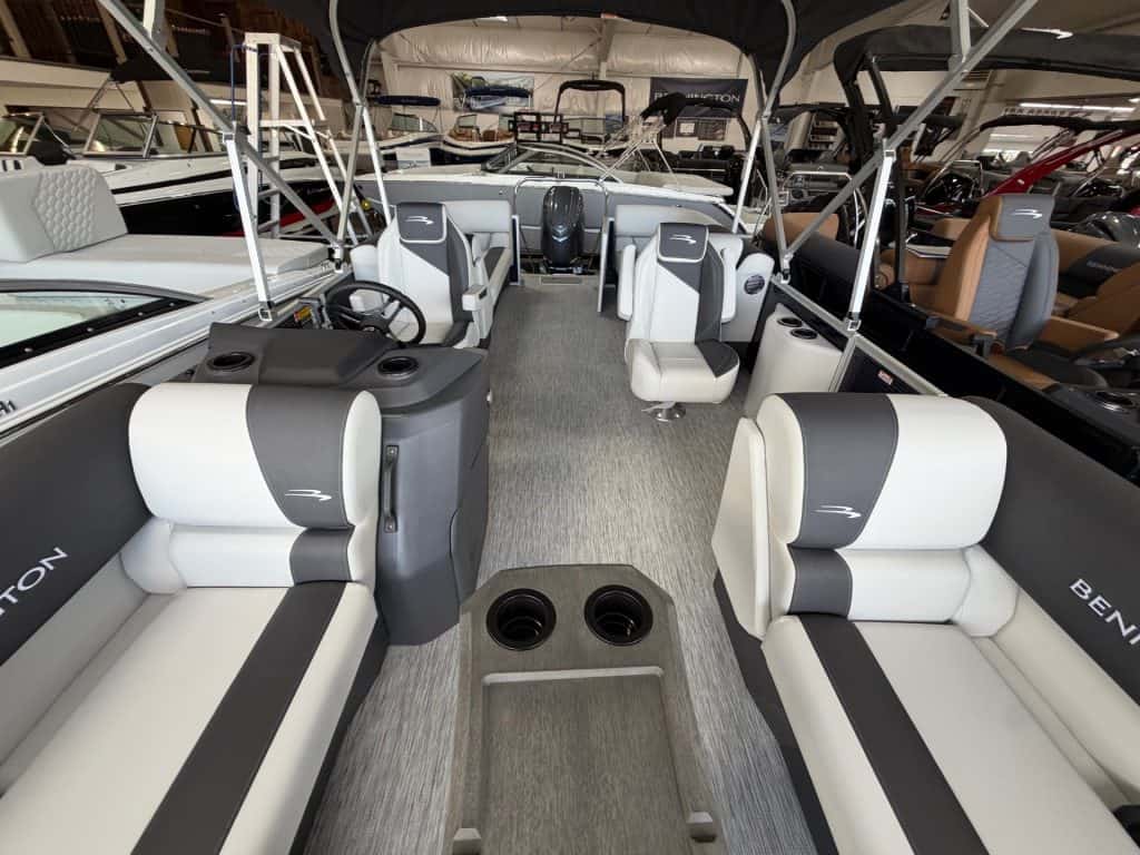 Bennington 22SSR S1 pontoon boat with spacious seating and modern controls.