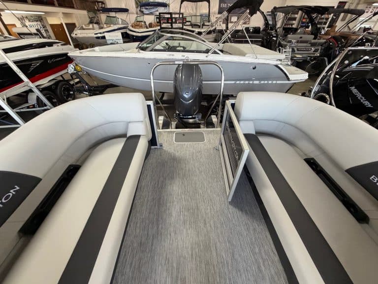 Bennington 22SSR S1 pontoon boat displayed at Hall's Sport Center.
