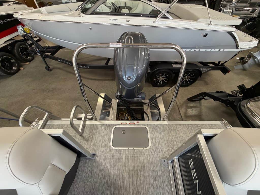 Bennington 22SSR S1 pontoon boat displayed at Hall's Sport Center.