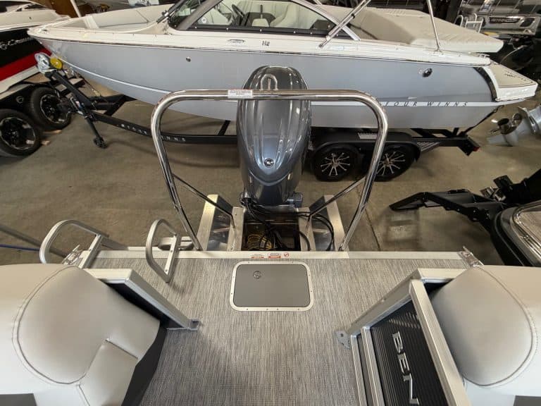 Bennington 22SSR S1 pontoon boat displayed at Hall's Sport Center.