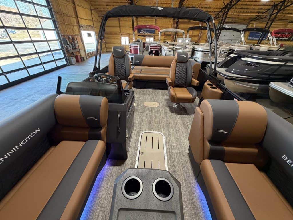 Bennington 23 SSB pontoon boat at Hall's Sport Center showroom.