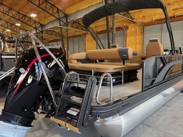 Pontoon boat with spacious seating at Hall's Sport Center.