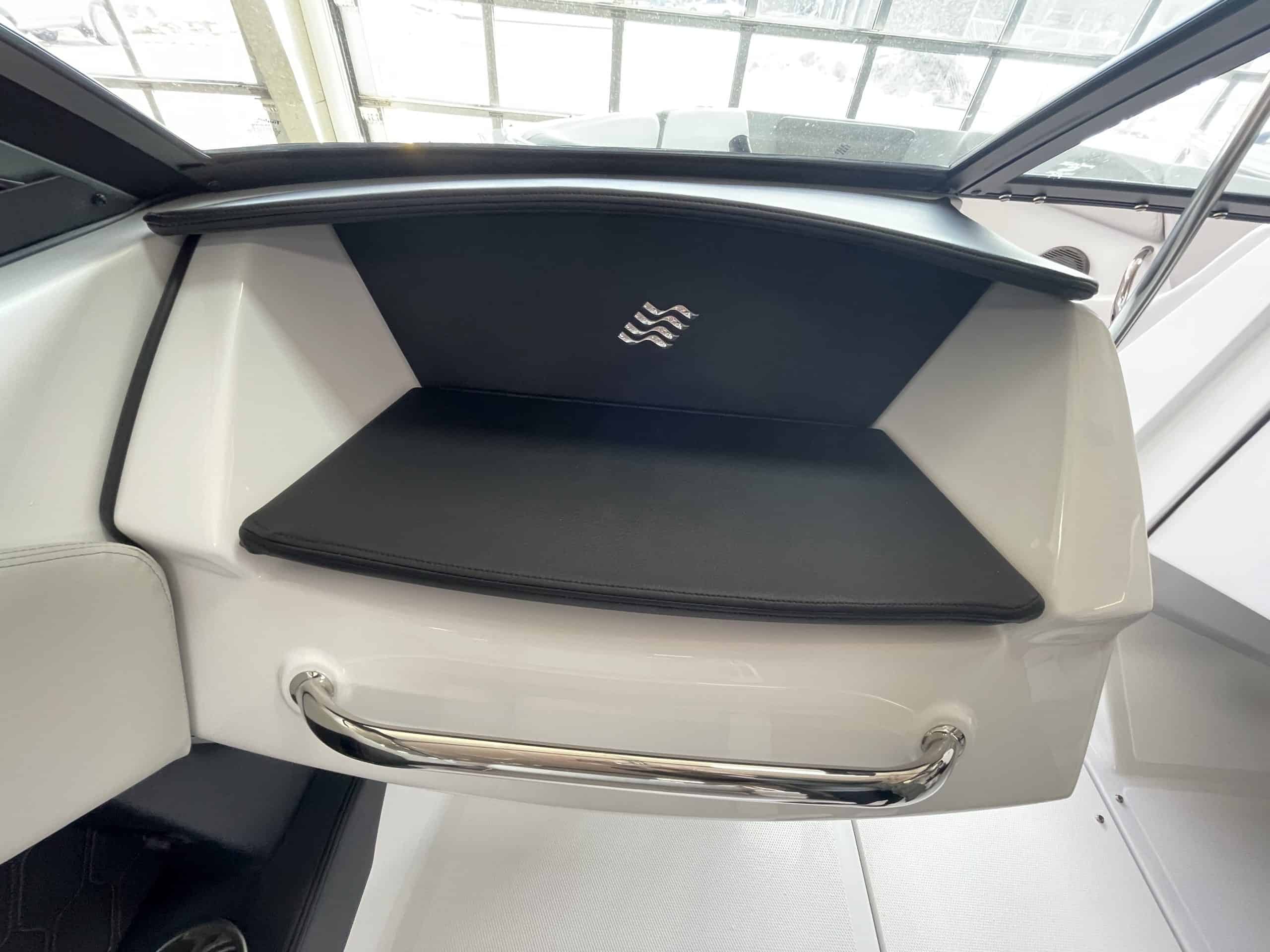 Luxury boat interior with storage compartment.