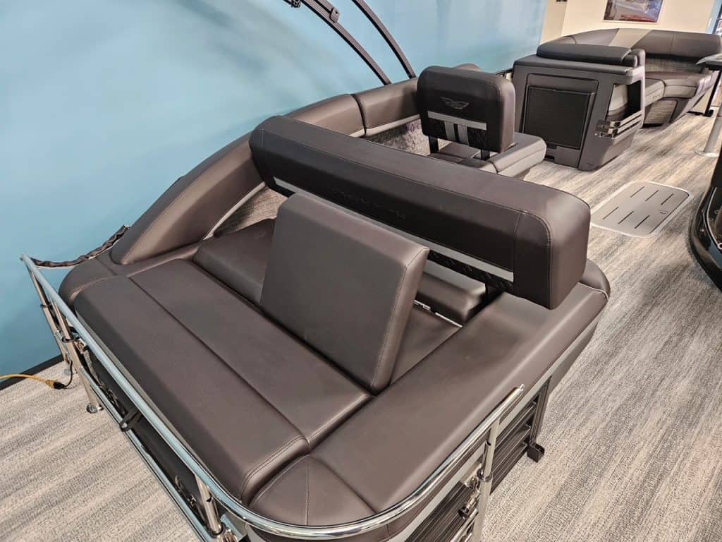 Bennington 22 MSB pontoon boat interior with seating and controls.