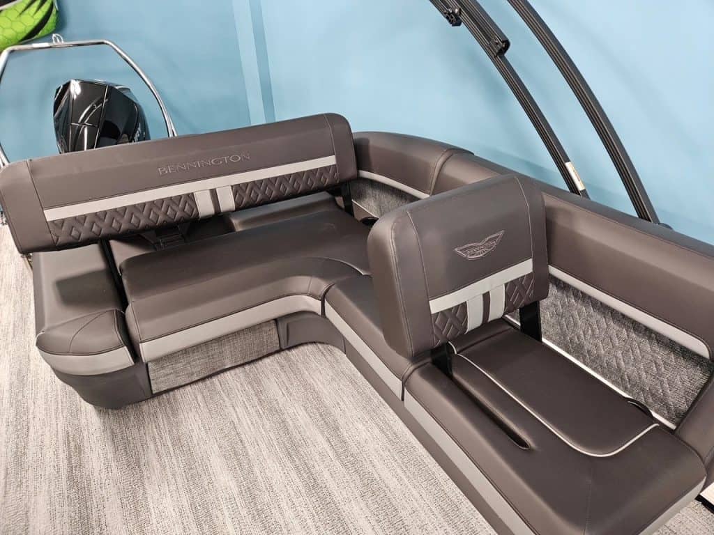 Bennington 22 MSB pontoon boat interior with comfortable seating and upholstery.