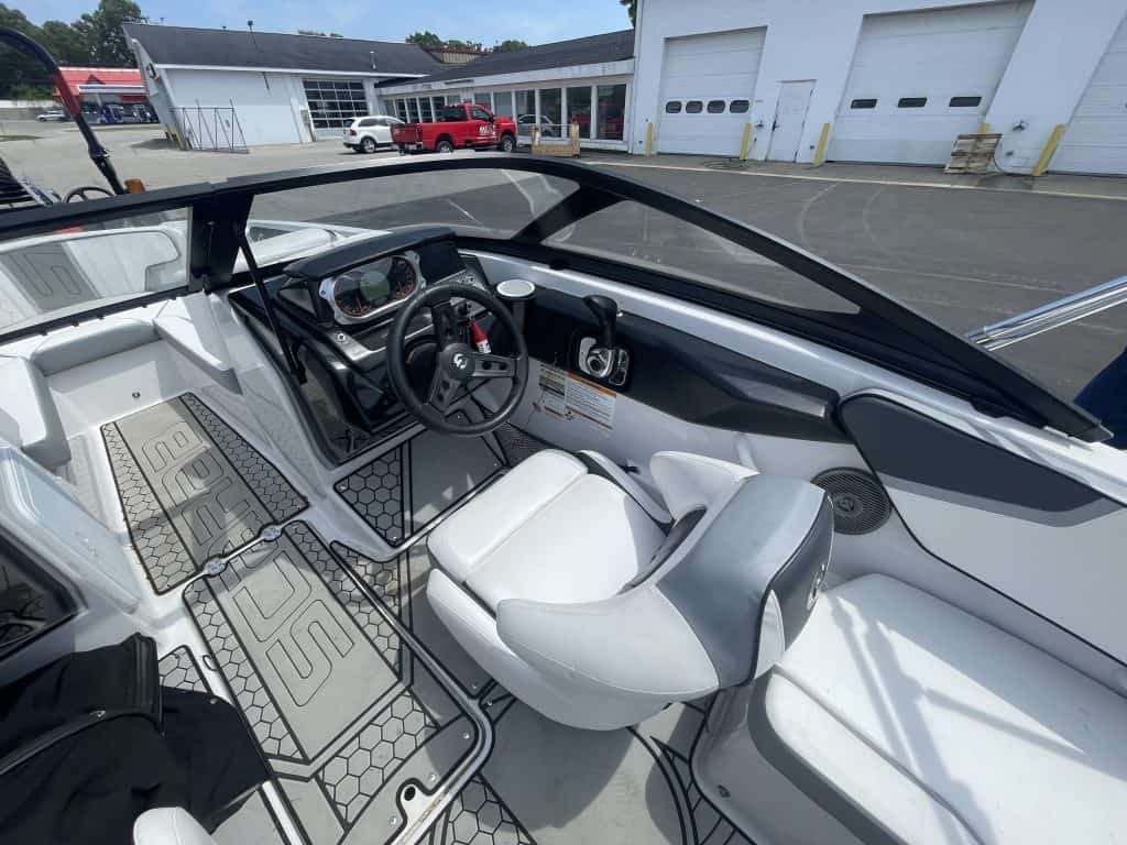 Close-up of the boat's helm and seating area at Hall's Sport Center.