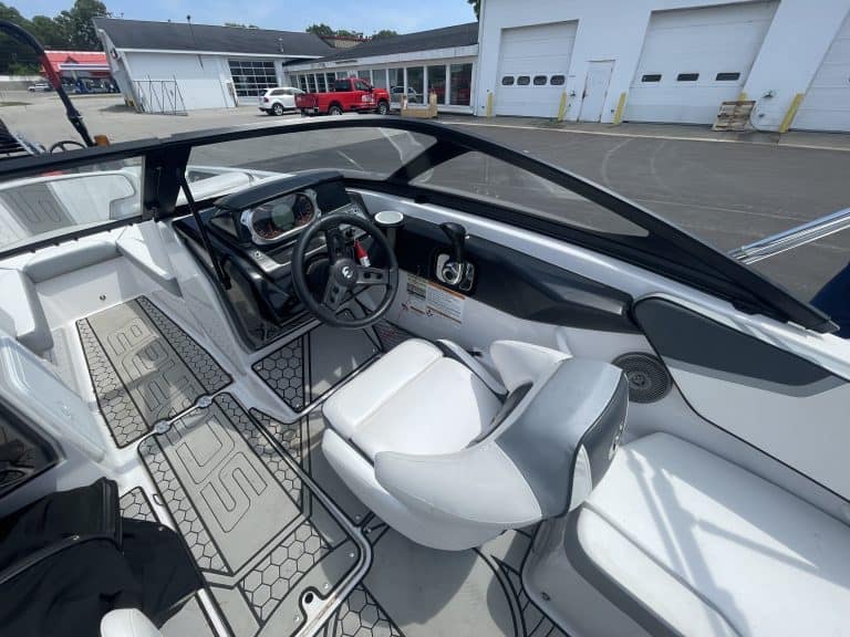Close-up of the boat's helm and seating area at Hall's Sport Center.