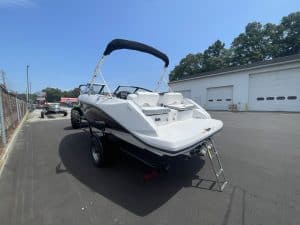 2018 Scarab 195 G speedboat on trailer at Hall's Sport Center.