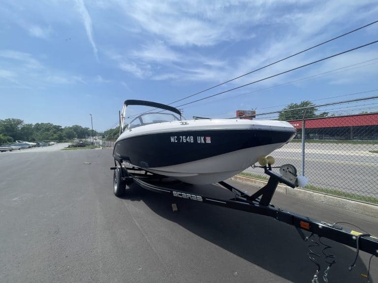 2018 Scarab 195 G speedboat on trailer at Hall's Sport Center.