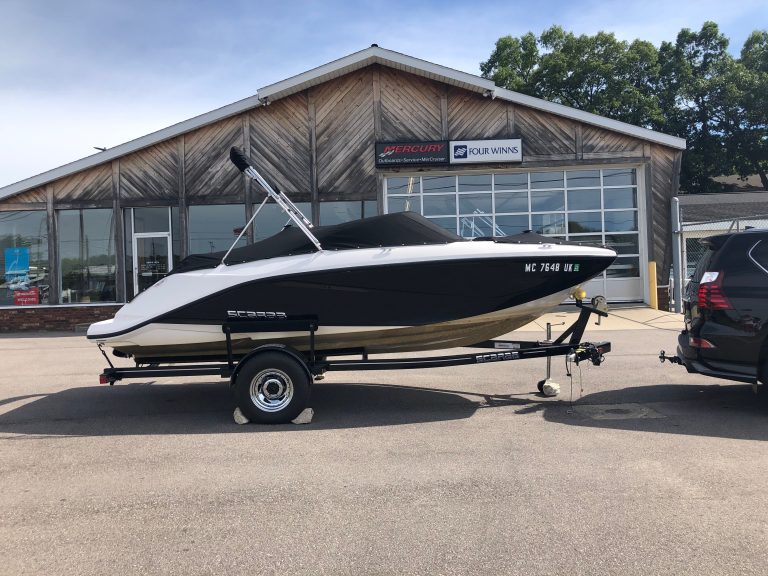 2018 Scarab 195 G speedboat on trailer at Hall's Sport Center.