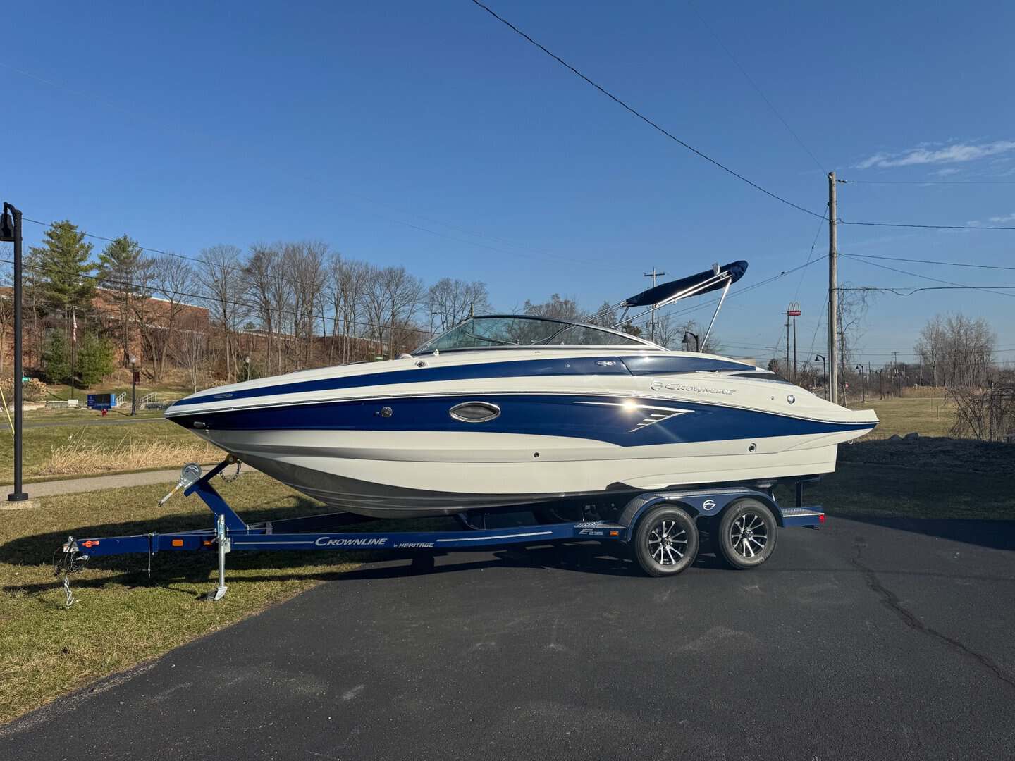 Luxury boat on trailer at Hall's Sport Center.